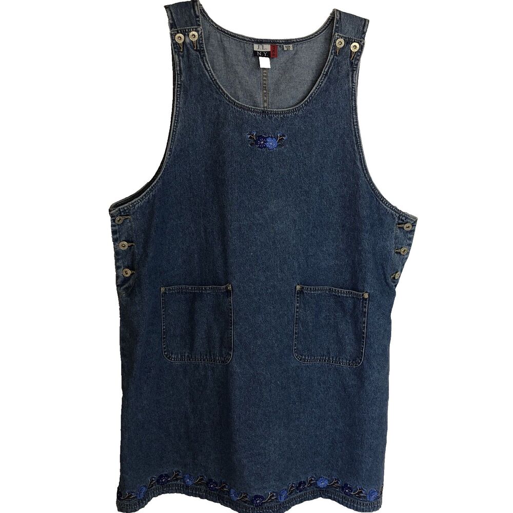 Vintage J.L. N.Y. Dress 90s Blue Jean Denim Embroidered Flowers Women's 3X